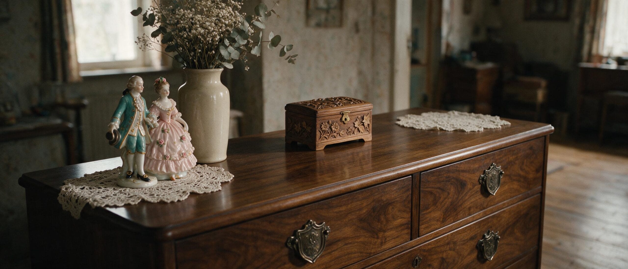 Holzkommode mit Porzellanfiguren, Vase und geschnitzter Holzschatulle