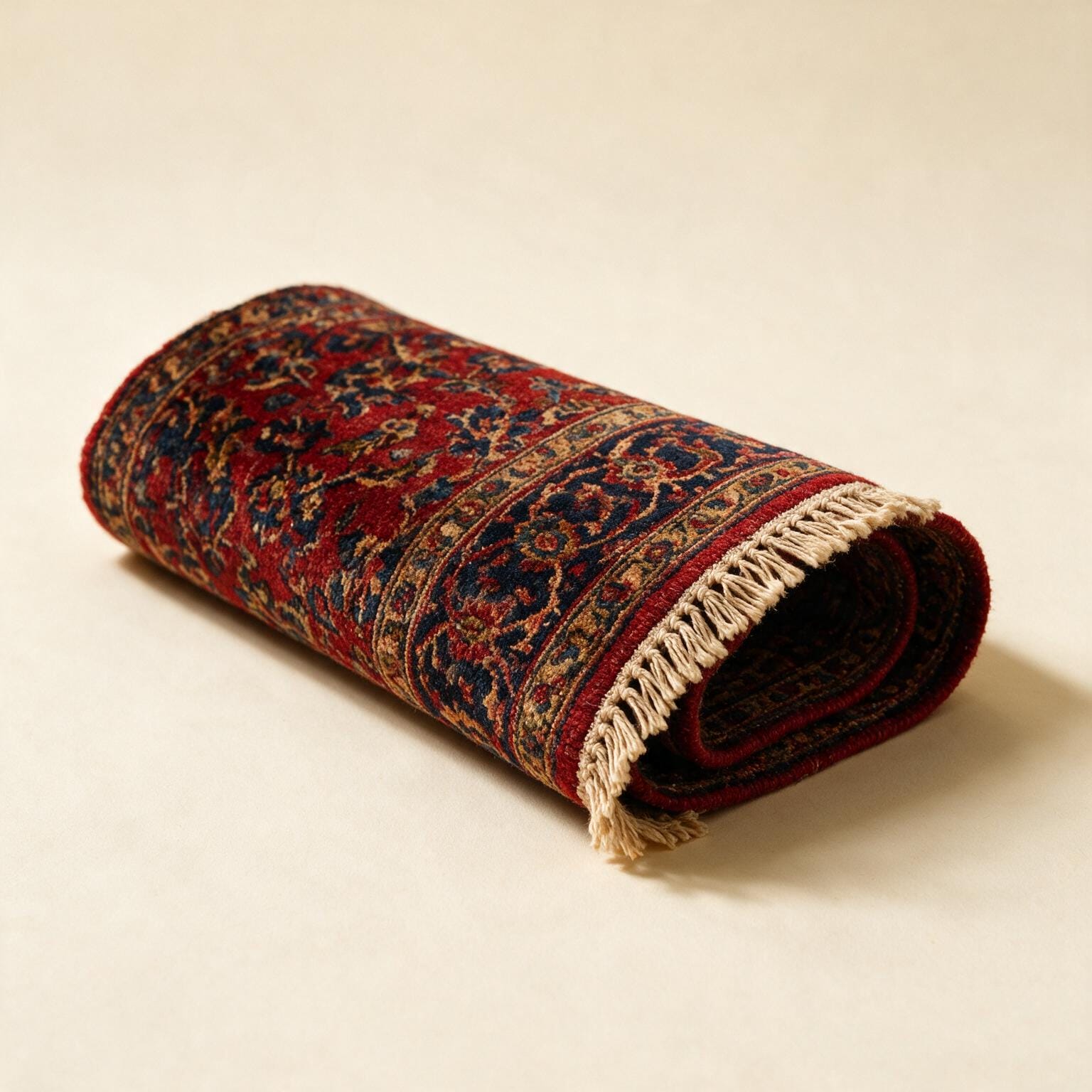 Locker eingerollter handgeknüpfter Orientteppich, Ecke mit Fransen und rot-blauem Muster sichtbar