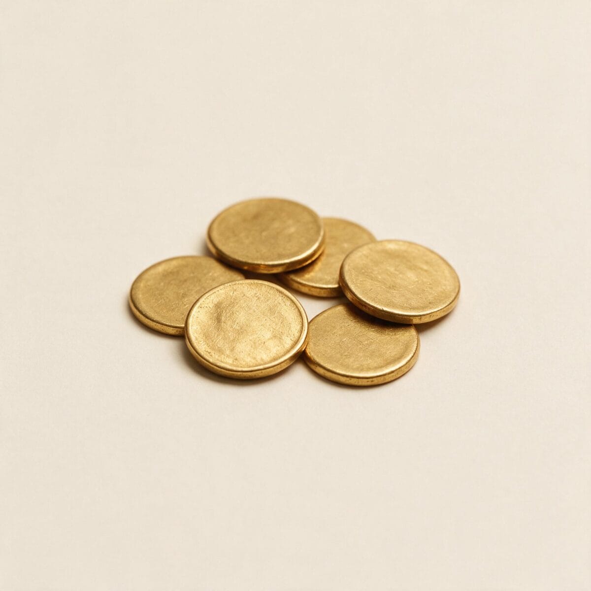 Sechs abgegriffene Goldmünzen, teils übereinanderliegend, vor hellem Hintergrund
