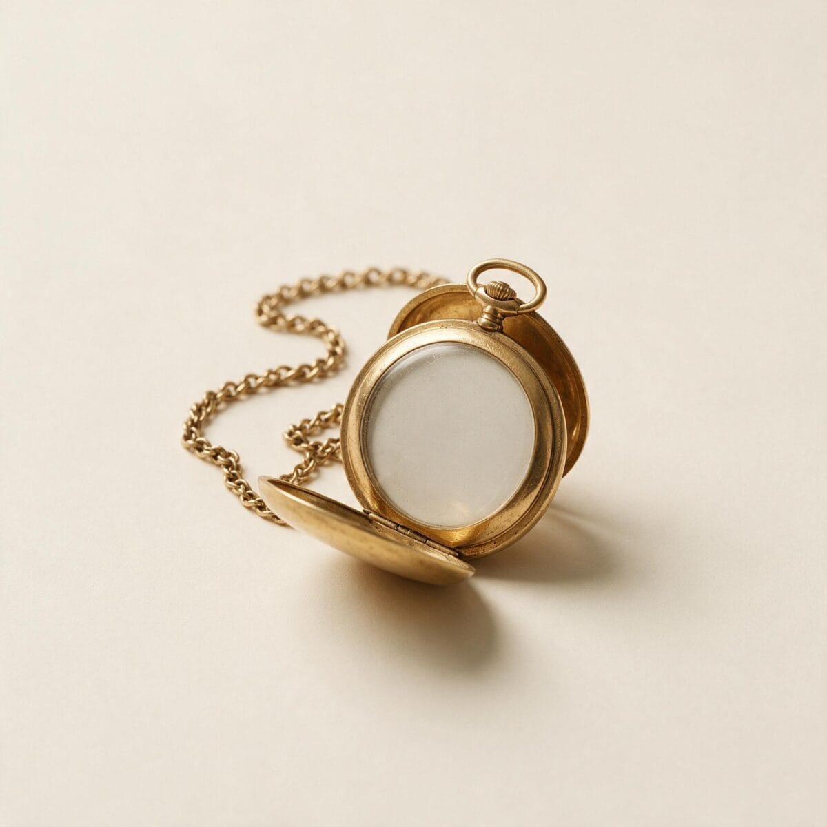 Geöffnete goldene Taschenuhr mit lose aufgerollter Kette vor hellem Hintergrund