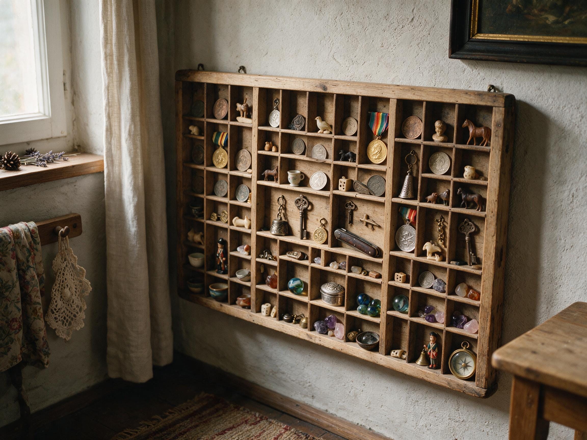 Setzkasten an der Wand, die Fächer gefüllt mit Münzen, Medaillen und Kleinigkeiten