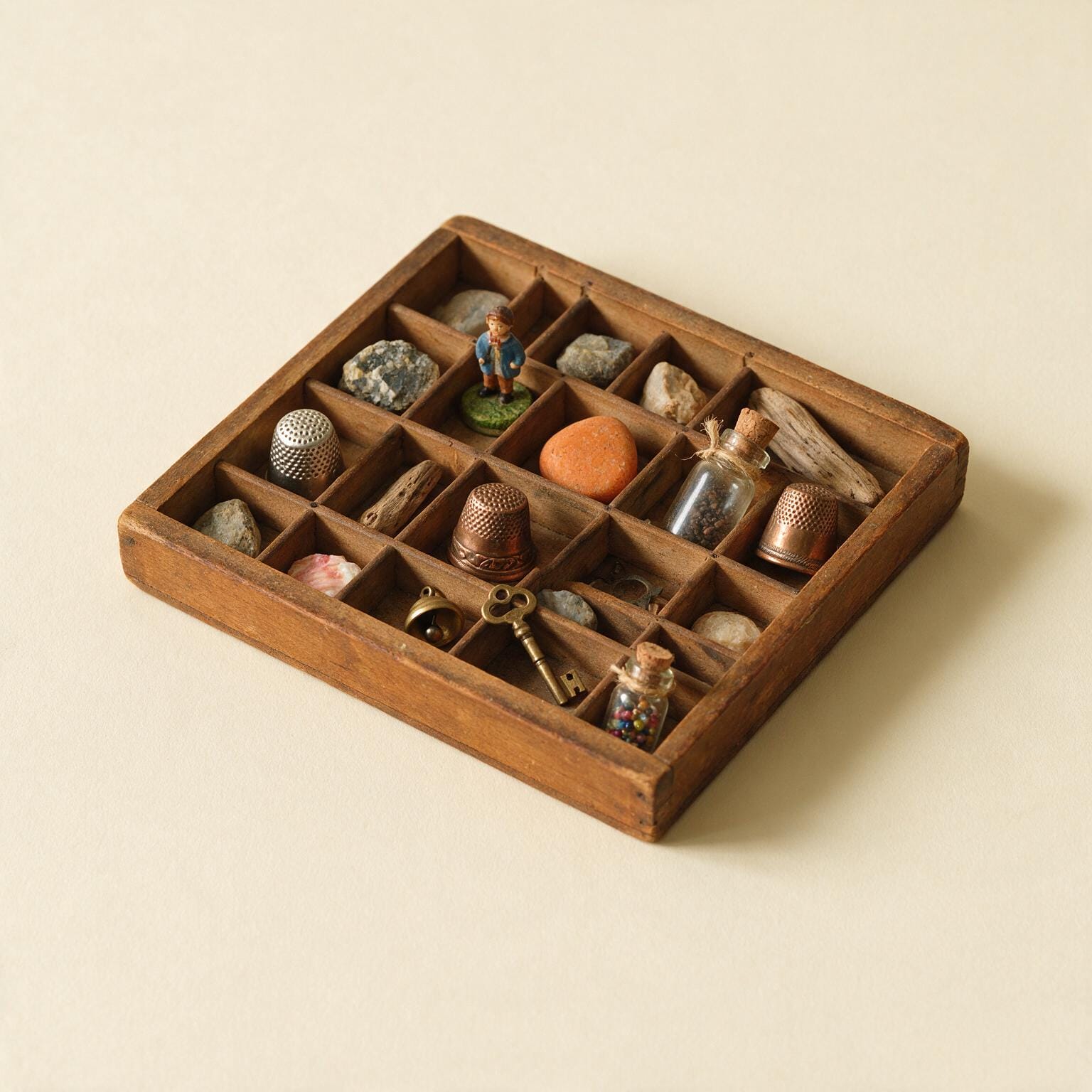 Flacher Setzkasten aus Holz mit kleinen Sammelstücken in den Fächern: Fingerhüte, Schlüssel, Fläschchen