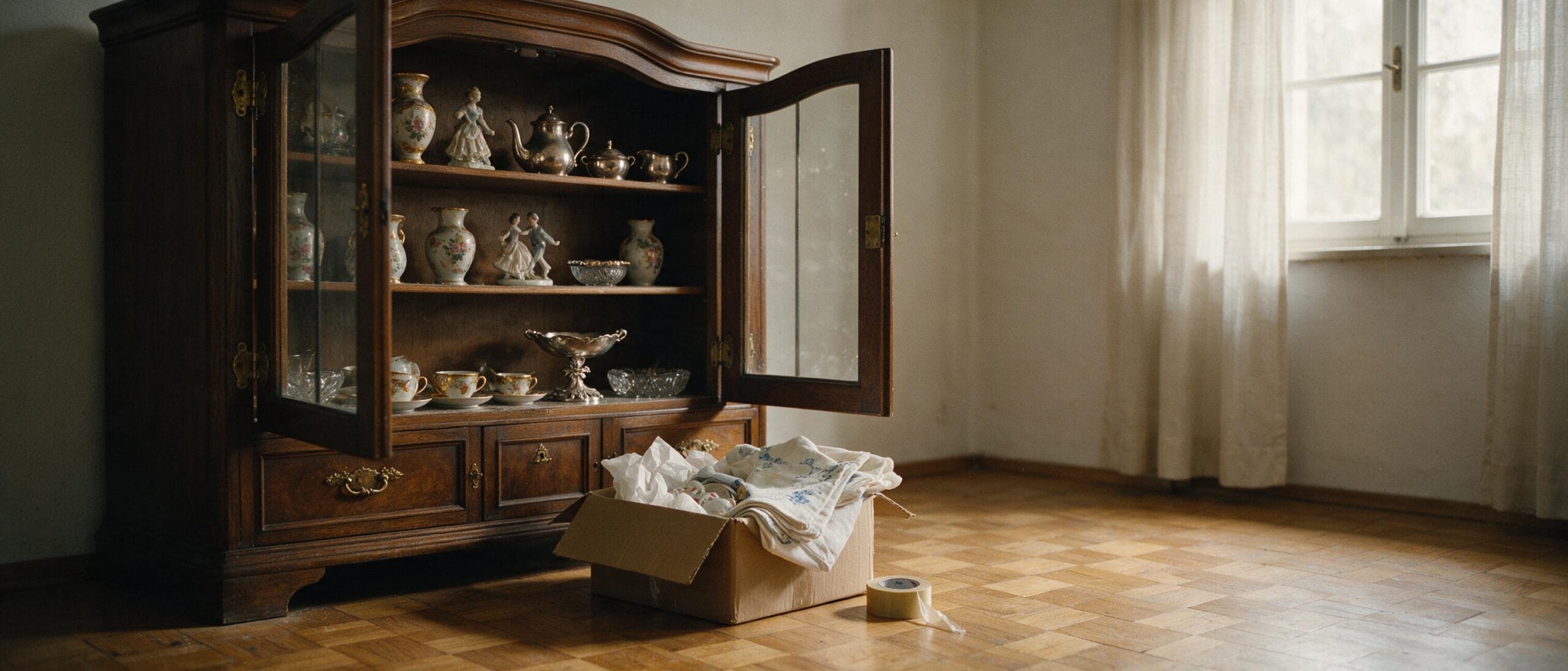 Wohnzimmer mit geöffneter Vitrine, Porzellan und Silber, daneben ein Umzugskarton