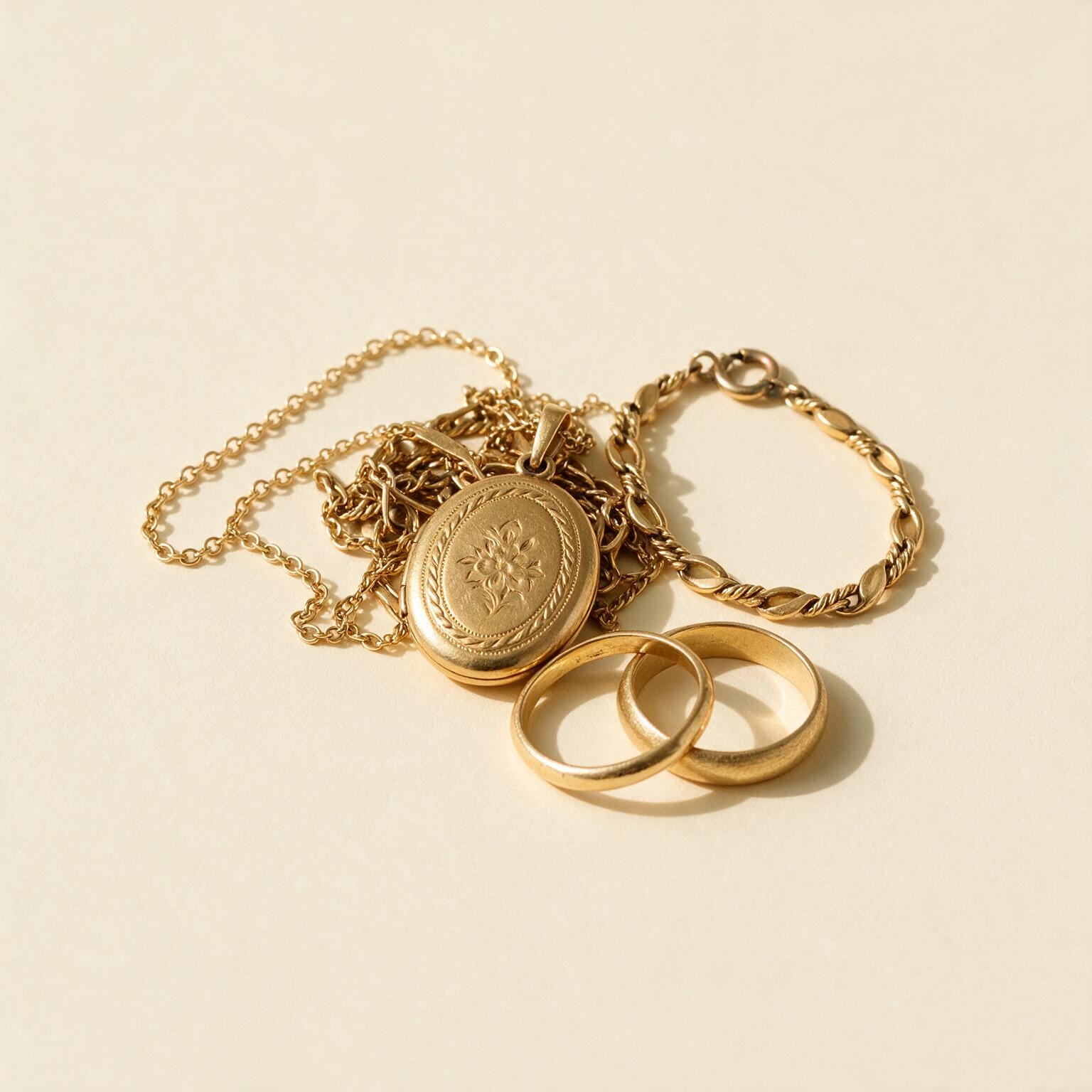 Verschiedene Goldschmuckstücke auf einem Haufen: Ketten, ein ovales Medaillon, ein Armband und zwei Ringe