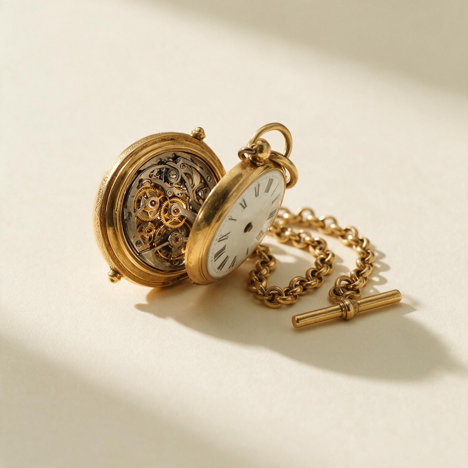 Geöffnete goldene Taschenuhr mit sichtbarem Uhrwerk und locker daneben liegender Kette