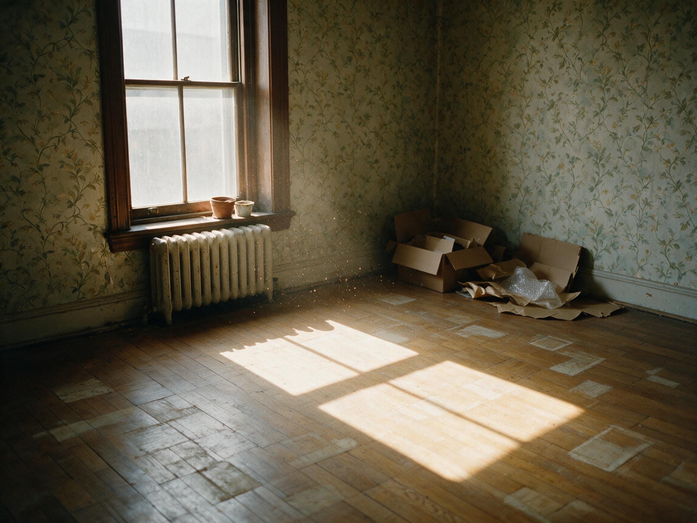 Leergeräumtes Zimmer mit Parkett, hellen Stellen vom Mobiliar und einem hohen Fenster
